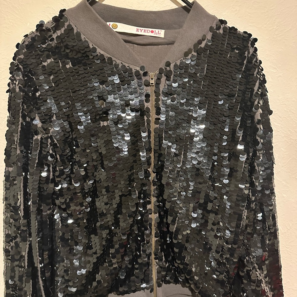 Black Puffer Jacket with Sequin Detail